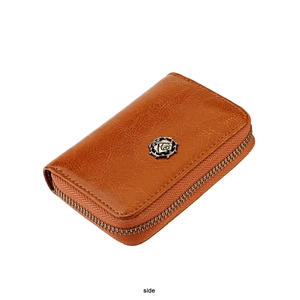 Detailed side view of brown lychee leather card holder with rose metal logo and zipper