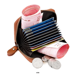 Brown lychee leather card holder with accordion slots and durable metal zipper