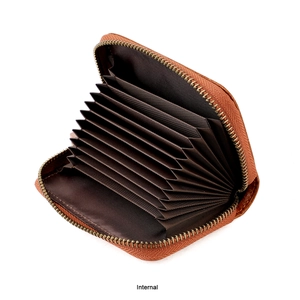 Internal view of brown accordion card wallet with multi-slot slots and golden zipper