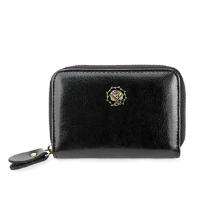 Detail of black leather card wallet with golden rose metal logo and zipper closure