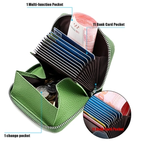 Detail view of leather accordion wallet with 11 card slots and multi-function pocket