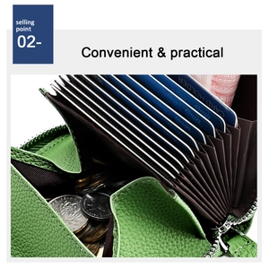 Macro view of green leather wallet showing interior accordion card slots and coin pocket