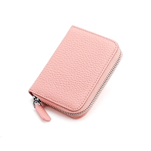 Pink lychee grain leather wallet with U-shaped silver metal zipper and RFID protection