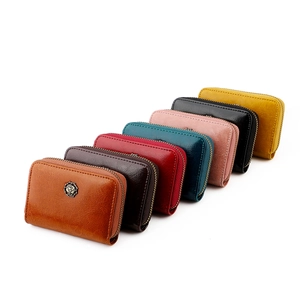 Genuine Cowhide Leather Card Holder Wallet For Women Vintage Zip Card Case With Metal Rose Emblem Large Capacity RFID Purse