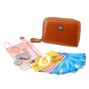 Brown leather card holder with rose metal logo and zipper closure for large capacity
