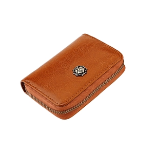 Classic brown textured leather zipper card wallet featuring a vintage metal rose emblem