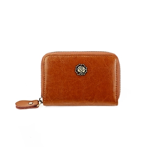 Brown vintage leather card wallet with a rose relief metal badge and zipper closure