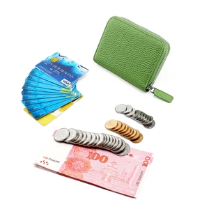 Grass green leather RFID wallet with zipper closure and large capacity for cards and coins
