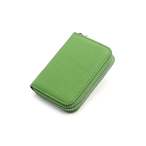 Light green pebble leather RFID wallet with silver zipper and large card capacity