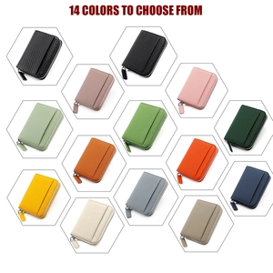 Collage of 14 colorful leather card holders featuring lychee and carbon fiber textures