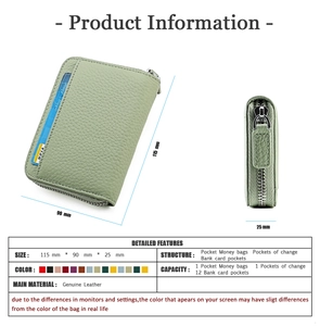 Detailed size chart and internal structure of light green leather RFID card holder wallet
