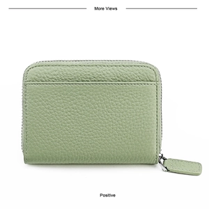 Detail view of bean green litchi grain leather card wallet with RFID protection
