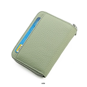 Side view of bean green lychee texture leather card holder with silver zipper and card slot