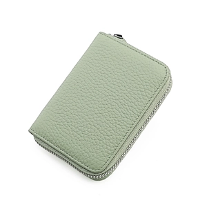 Pale green pebble leather RFID concertina card holder with silver metal zipper closure