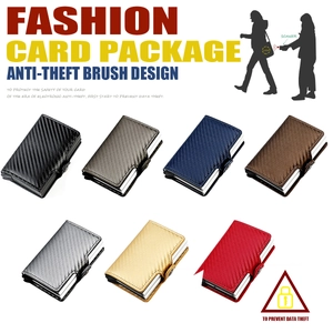 Detail view of RFID blocking pop-up card holder showing seven metallic color options