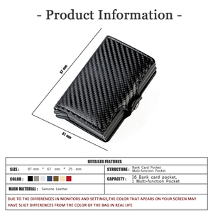 Close-up of carbon fiber leather RFID wallet with 97x67x25mm dimensions and card capacity