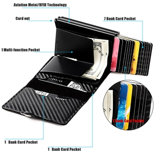 Detail of RFID blocking aluminum card holder with carbon fiber texture and card ejector