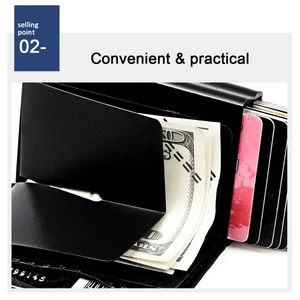 Detail of minimalist RFID card holder showing the durable metal money clip and card storage