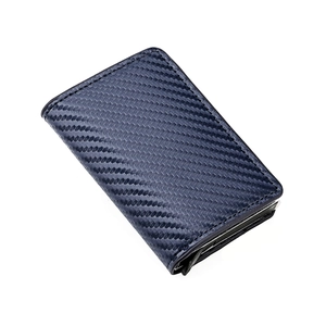 Slim navy blue carbon fiber business wallet with automatic aluminum card ejector mechanism