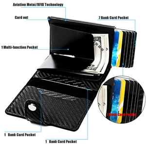 Detailed view of carbon fiber wallet showing 7-card auto pop-up slot and RFID metal box