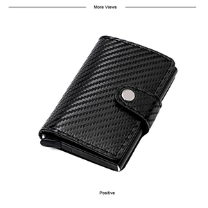Detail of RFID carbon fiber card holder with automatic pop-up aluminum wallet and metal snap