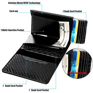 Detail view of RFID blocking pop-up card holder with carbon fiber texture and money clip