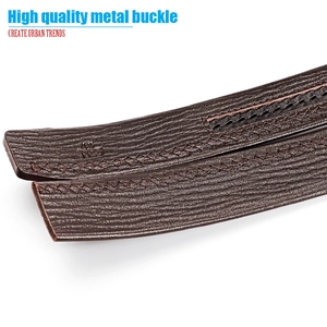 Close-up of brown litchi pattern leather belt showing fine stitching and size stamp
