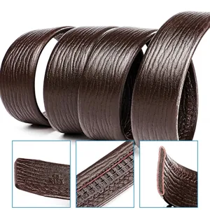 Detailed macro view of dark brown cowhide leather belt with bark texture and ratchet rail