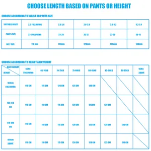 Size guide for men's leather belt showing length options based on waist and pant sizes