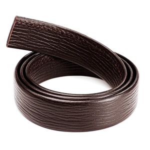 Detail of dark brown leather belt strap with textured grain and decorative stitching