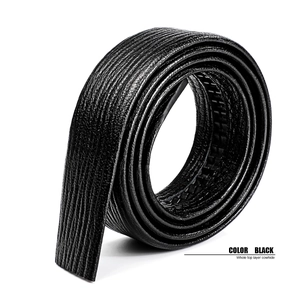 Detail of premium black top layer cowhide leather belt with lychee grain and inner track