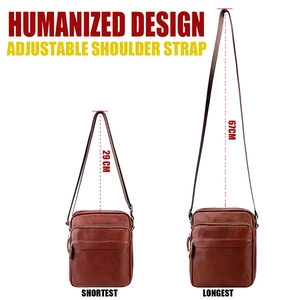 Détail montrant la bandoulière réglable de 29cm à 67cm sur le sac en cuir marron