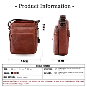 Sac bandoulière homme en cuir véritable marron avec tableau des tailles et détails