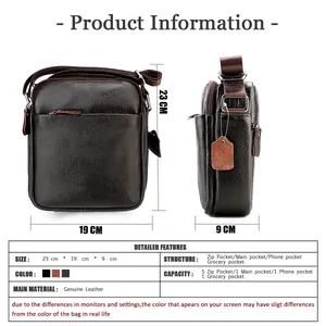 Detailed size chart and internal structure specification of genuine leather crossbody bag