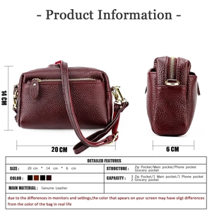 Détail du sac bandoulière en cuir véritable bordeaux avec poches internes et taille 20x14x6cm