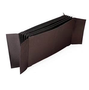 Close-up of a dark brown accordion-style card organizer with six inner compartments