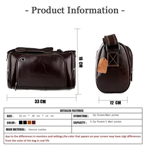 Guide des tailles du sac bandoulière en cuir véritable avec dimensions de 33x18x12cm et poches