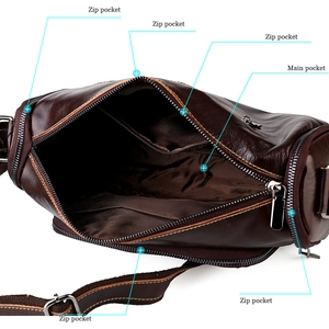 Détail du sac bandoulière en cuir marron avec compartiment principal et cinq zips