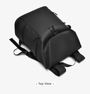 Top view of black matte waterproof backpack with multiple functional zipper compartments