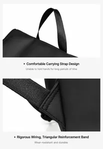 Detail of reinforced triangle stitching and comfortable handle on a black nylon backpack