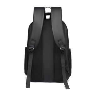 Minimalist black travel backpack with ergonomic S-shaped straps and breathable mesh back