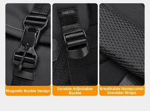 Detail of magnetic buckle, adjustable strap buckle and breathable honeycomb mesh