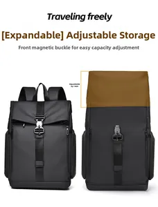 Detail of expandable black backpack with 14cm extension and magnetic buckle adjustment
