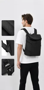Detail of breathable honeycomb shoulder straps and reinforced buckle on black backpack
