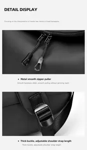 Detail view of durable metal zippers and adjustable buckle for black travel backpack