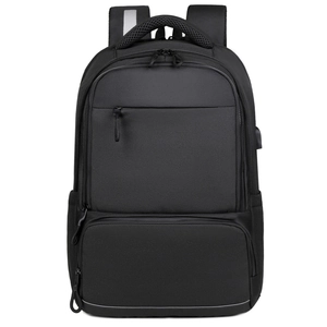 Black business laptop backpack with USB port and safety reflective strips on straps