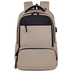 Khaki business laptop backpack with USB port and reflective strips on white background