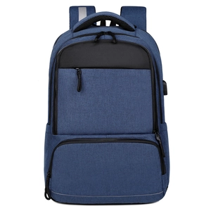 Navy blue multi-functional business travel backpack with USB port and padded handles