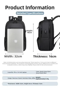 Detailed size chart of the 46cm large business backpack for 16 inch laptop