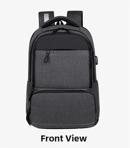 Front view of grey business backpack with textured fabric and external USB charging port